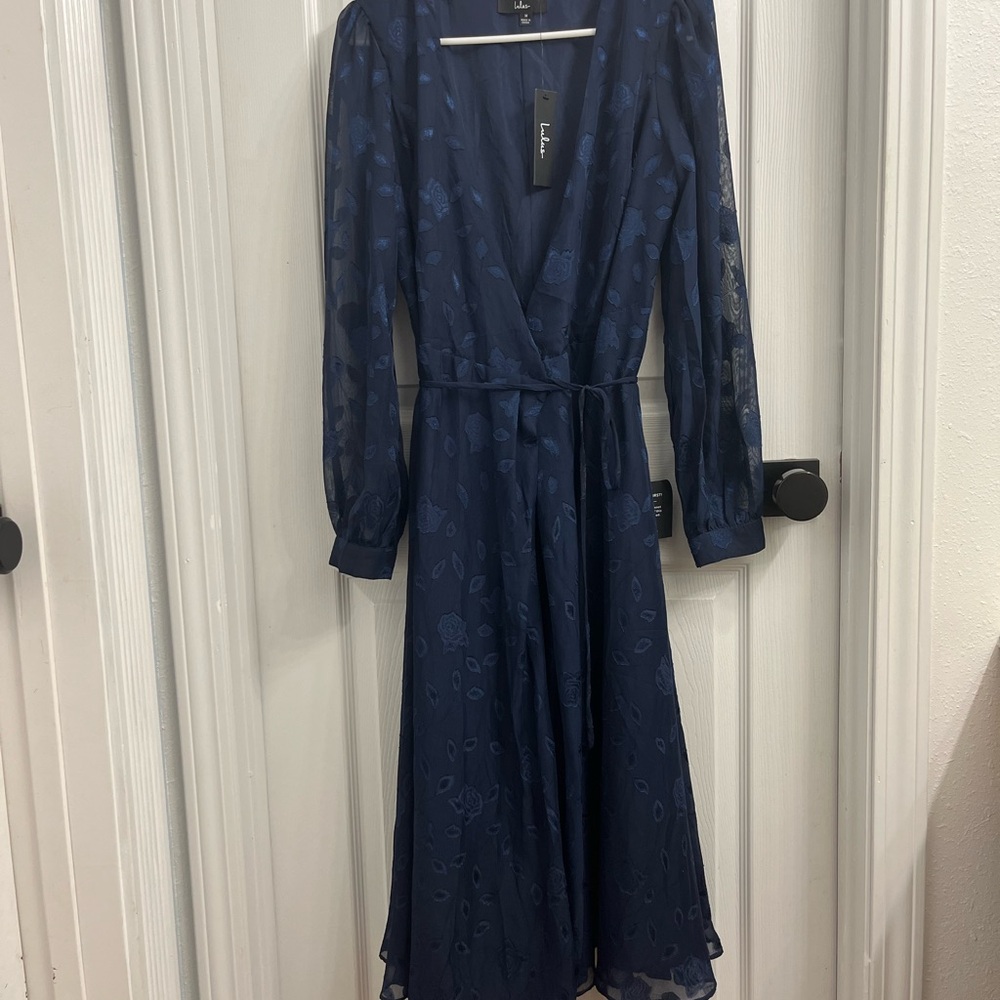 Lulu's Blue Wrap Tie Front Long Sleeve Dress